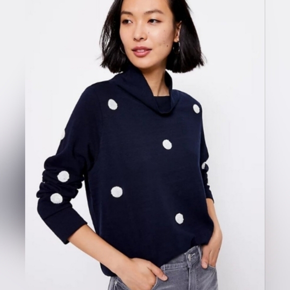 LOFT Tops - Loft Mock Neck Pullover Polka Dot Texture Top Navy Blue White Small 100% Cotton